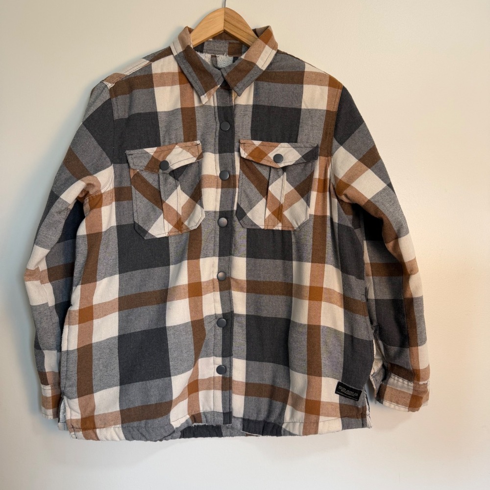 Silver Jeans Co Plaid Sherpa Lined Flannel Shacket Brown Grey Mens XL Rustic
